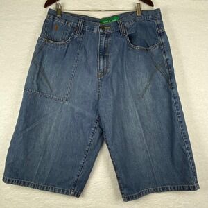 Rocawear Mens Blue Denim Shorts Size 38 Y2K Baggy Embroidered Jorts Relaxed Fit